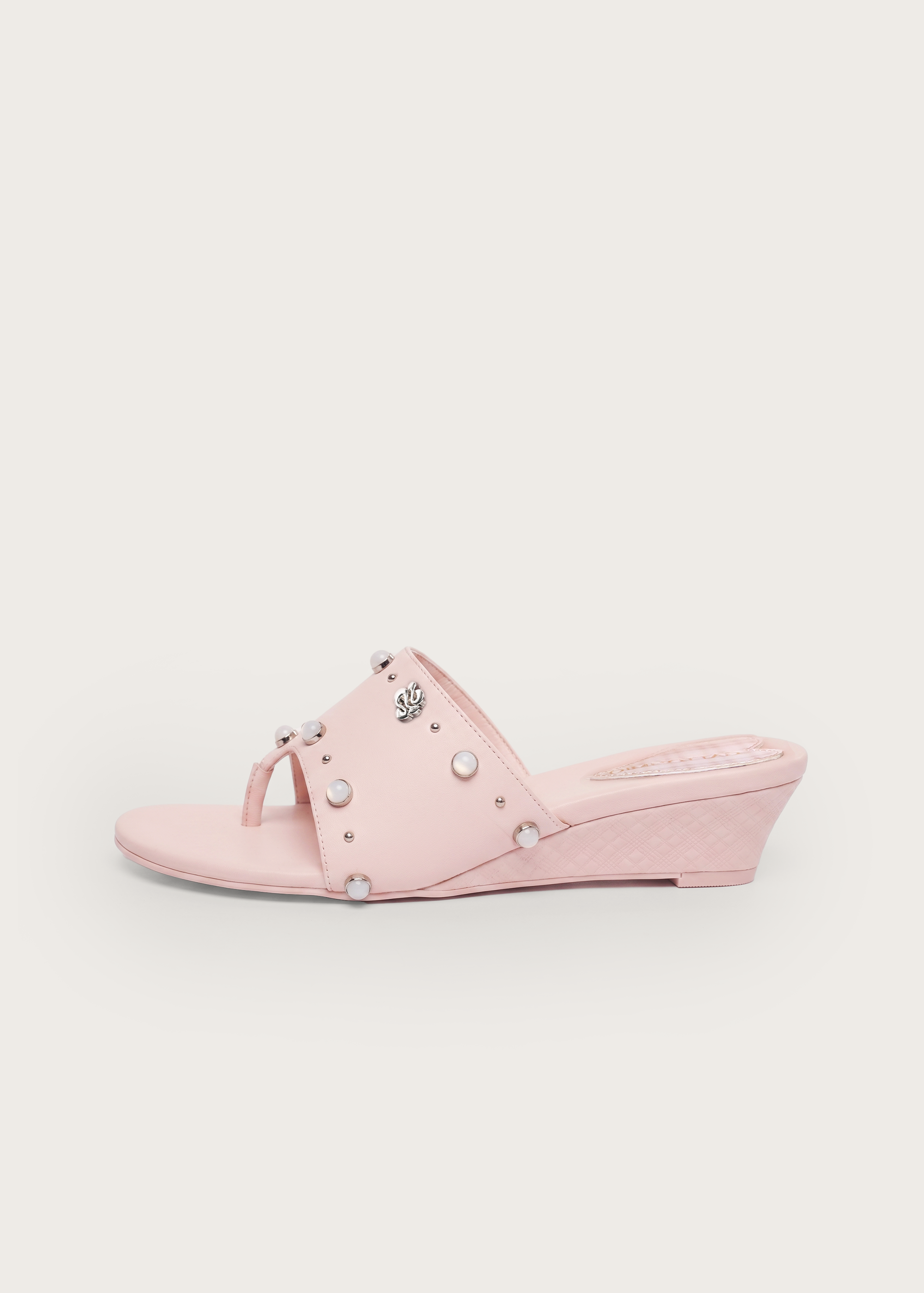 Curve Lover's Pink Lizard-Effect Gemstone Wedge Flip-Flops